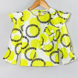 Hugsntugs Cotton Woven Full Bell Sleeves Frill Detailed Circle Printed Top - Yellow-image-35