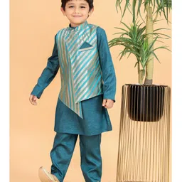 MASTARANG Blended Woven Full Sleeves Solid Kurta Pyjama Set With Striped Jacket - Teal-picture-20