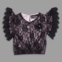 Actuel Woven Frill Sleeves Floral Designed Lace Detailed Crop Top - Black & Pink-image-86
