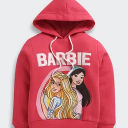 Barbie by Tiny Girl Woven Mattel Featuring Full Sleeves Characters Printed Light Winter Hooded Sweatshirt - Hot Pink-image-64