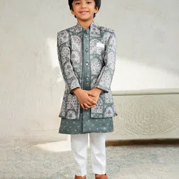 AJ Dezines Jacquard Woven Full Sleeves Floral & Birds Printed Kurta Pant With Sherwani Jacket Set - Blue-picture-26