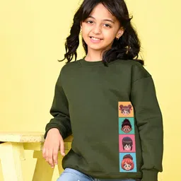 NUSYL Fleece Knit Full Sleeves Multi Character Printed Light Winter Sweatshirt - Olive Green-image-70