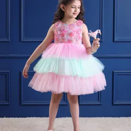 Mark & Mia Sleeveless Solid Colour Layered Party Frock with Floral Applique - Pink image 2