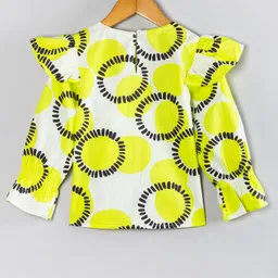 Hugsntugs Cotton Woven Full Bell Sleeves Frill Detailed Circle Printed Top - Yellow image 3