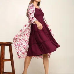 NG FASHION Women Shoulder Straps Tiered Smocked Fit & Flare Midi Dress With Printed Shrug-image-38