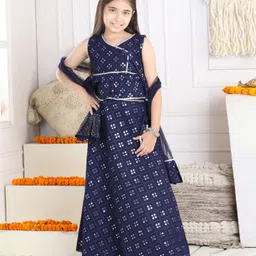 Cutiekins Georgette Woven Sleeveless Mirror Work Detailed & Gota Lace Embellished Lehenga Choli With Dupatta Set - Navy Blue & Silver image 5