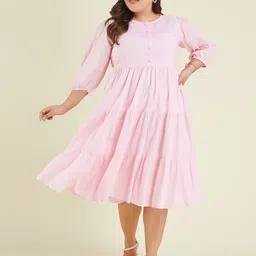 Janasya Women Puff Sleeve A-Line Pure Cotton Midi Dress-image-46