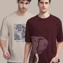 Bullmer Maroon & Beige Cotton Oversized Fit Printed T-Shirt - Pack Of 2-picture-27