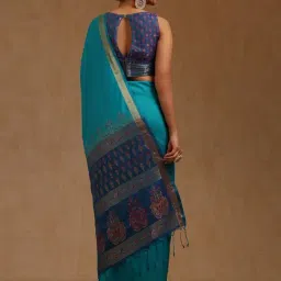 Soch Turquoise Blue Silk Solid Saree With Unstitched Blouse Piece image 2