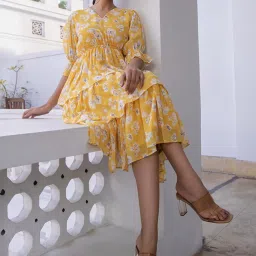 Janasya Yellow Floral Print A-Line Dress image 4