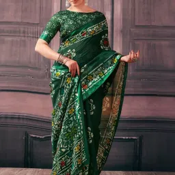 Satrani Green Printed Saree With Unstitched Blouse image 4