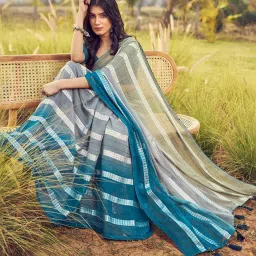 Satrani Teal Blue & Grey Striped Saree With Unstitched Blouse image 4