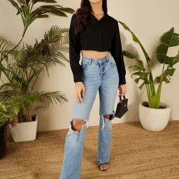 Rare Black Rayon Regular Fit Crop Shirt image 4