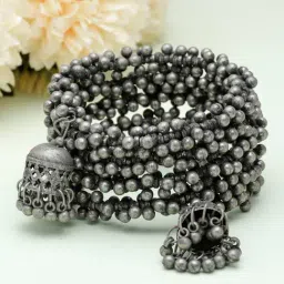 Moedbuille Ghungroo Studded Filigree Work Jhumki Design Oxidised Silver Plated Tribal Bracelet-image-69