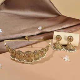 Fida Mehendi Gold Temple Necklace & Earrings Set for Women-image-44