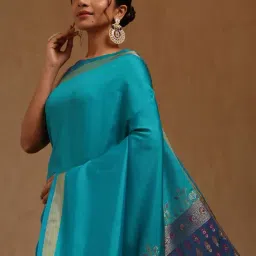 Soch Turquoise Blue Silk Solid Saree With Unstitched Blouse Piece image 4