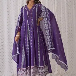 Indo Era Purple Cotton Embroidered Kurta Pant Set With Dupatta-image-0