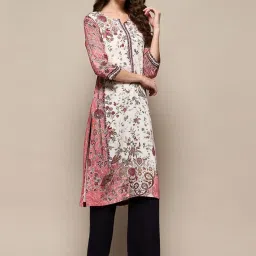 Biba White & Pink Floral Print Straight Kurta image 4