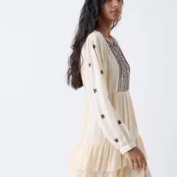 Bombay Paisley by Westside Cream Aztec Embroidered Cotton Tiered Dress-picture-12