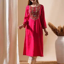 Fashor Pink Embroidered Straight Kurta-image-98