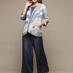 Biba Blue & White Straight Fit Floral Print Blazer image 5