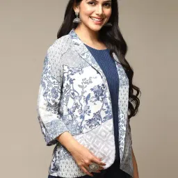 Biba Blue & White Straight Fit Floral Print Blazer image 3