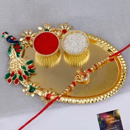 Silver Shine Unisex Kundan-Studded & Beaded Om Rakhi With Roli Chawal & Greeting Card-picture-21
