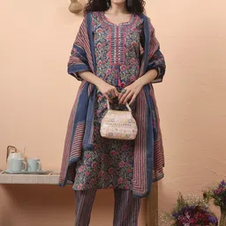 Yufta Women Floral Printed Regular Mirror Work Kurtas & Trousers With Dupatta image 5