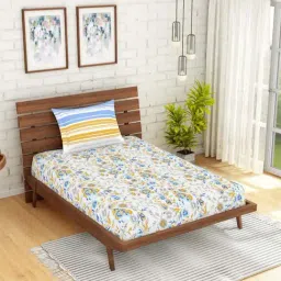 Spaces ATRIUM ECOM White & Blue Cotton 144 TC Single Bedsheet with 1 Pillow Cover-image-85