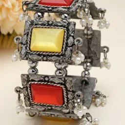 Moedbuille Mirrors & Pearls Studded Antique Filigree Design Oxidised Silver Plated Tribal Bracelet-picture-21