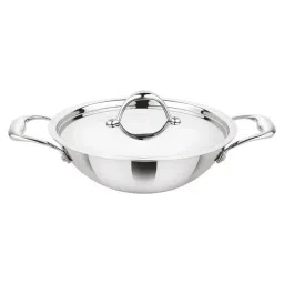 Prabha Stainless Steel Silver Prima Kadhai Flat Bottom with Lid, 22cm, 2.2L,-image-49