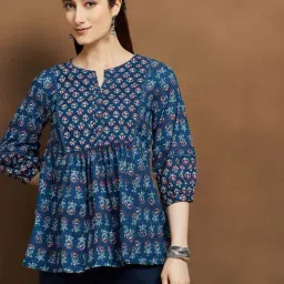 Melange By Lifestyle Indigo Cotton Regular Fit Printed Tunic-picture-37