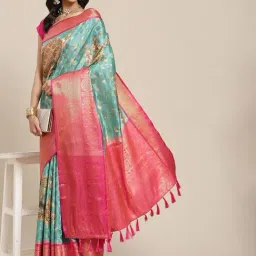 Silk Land Silk Sky Blue & Pink Printed Saree With Unstitched Blouse-image-37