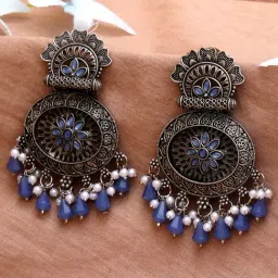 Karatcart Oxidized Silver Floral Design Monalisa Stone Dangler Earrings-picture-41