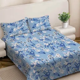 FABINALIV Blue Floral 300 TC Cotton Blend King Size Double Bedsheet with 2 Pillow Covers-image-84