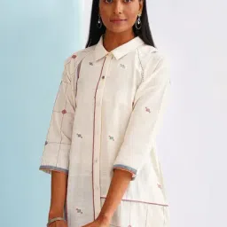 Jaypore Natural White Cotton Jamdani Printed Flared Fit Kurta image 4