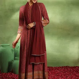 Libas Floral Printed Pleated Kurta with Trouser & Dupatta-image-0