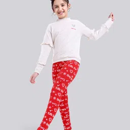 Ollington St Frill Sleeves Winter Wear Sweatshirt & Lycra Leggings Set Text Print- Off White Red-image-77