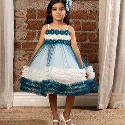Ministitch Sleeveless Floral Applique Yoke Embellished & Ruffle Detailed Fit & Flare Dress - Blue-picture-17