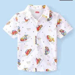 Babyhug 100% Cotton Knit Half Sleeve Shirt With Car Print - White-picture-22