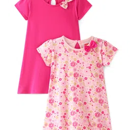 Babyhug 100% Cotton Half Sleeves Frock with Bow Applique Floral Print Set of 2 - Pink-picture-19