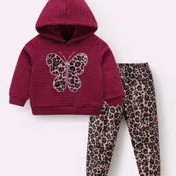 Kookie Kids Full Sleeves Hooded Winter Wear Suit With Butterfly Print - Maroon-picture-19