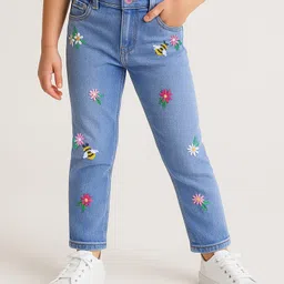 Babyhug Full Length Washed Denim Jeans With Floral & Honey Bee Embroidery & Stretch - Blue-image-13