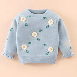 Yellow Apple Cotton Knit Full Sleeves Pullover Sweater with Frill Detailing & Floral Design - Light Blue-image-49