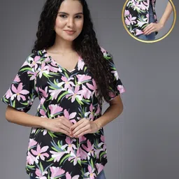 Zelena 100% Cotton Half Sleeves Floral Printed Top With Concealed Zipper For Nursing Access - Black-picture-11