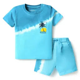 Babyoye 100% Cotton Knit Half Sleeves T-Shirt & Shorts Set With Tree Print - Aqua Blue-picture-38