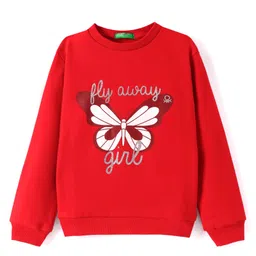 UCB Cotton Knit Full Drop Shoulder Sleeves Sweatshirt with Butterfly & Foil Glitter Print - Red-picture-31