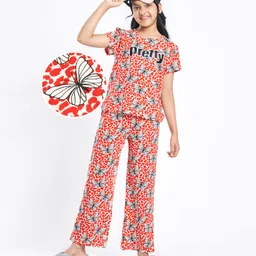 Pine Kids Single Jersey Knit Half Sleeves Night Suit With Butterfly Print - White & Red-picture-31