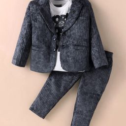 Dapper Dudes Full Sleeves Abstract Printed Ribbed Blazer With Typography Printed Tee & Pant - Black-picture-28