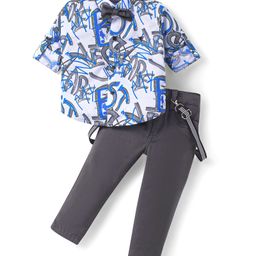 Dapper Dudes Full Sleeves Typography Printed Shirt With Pant Suspender & Bow Set - Royal Blue-picture-27